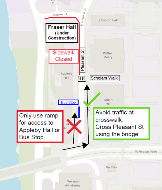 Map showing sidewalk near Fraser Hall closed and suggests using the Pleasant Street bridge to bypass the need for crossing the street