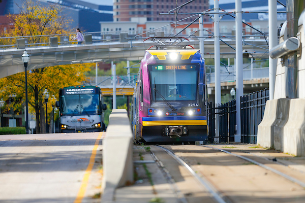 Light rail train entering the East Bank