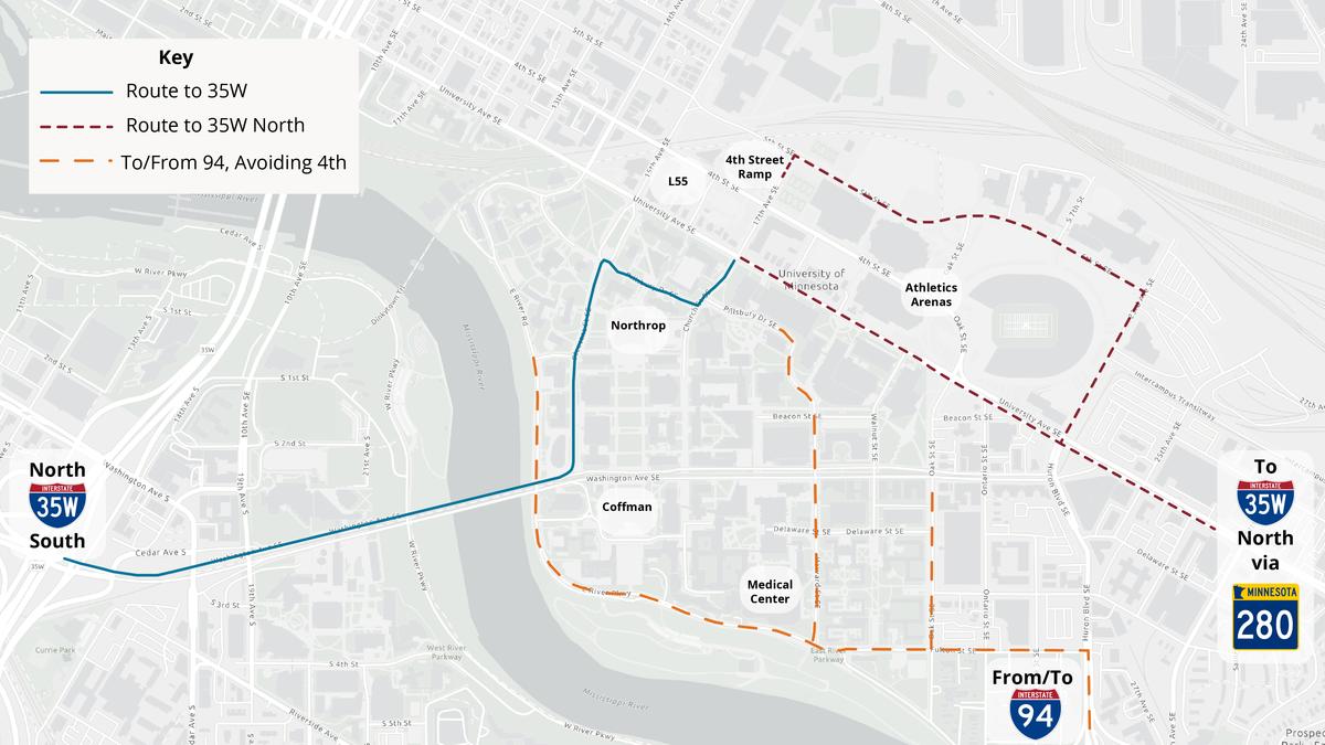 Map showing detour routes listed below