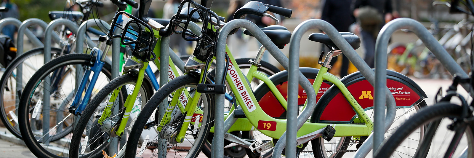 2 Bikes with the Gopher Bikes logo locked on a bike locker