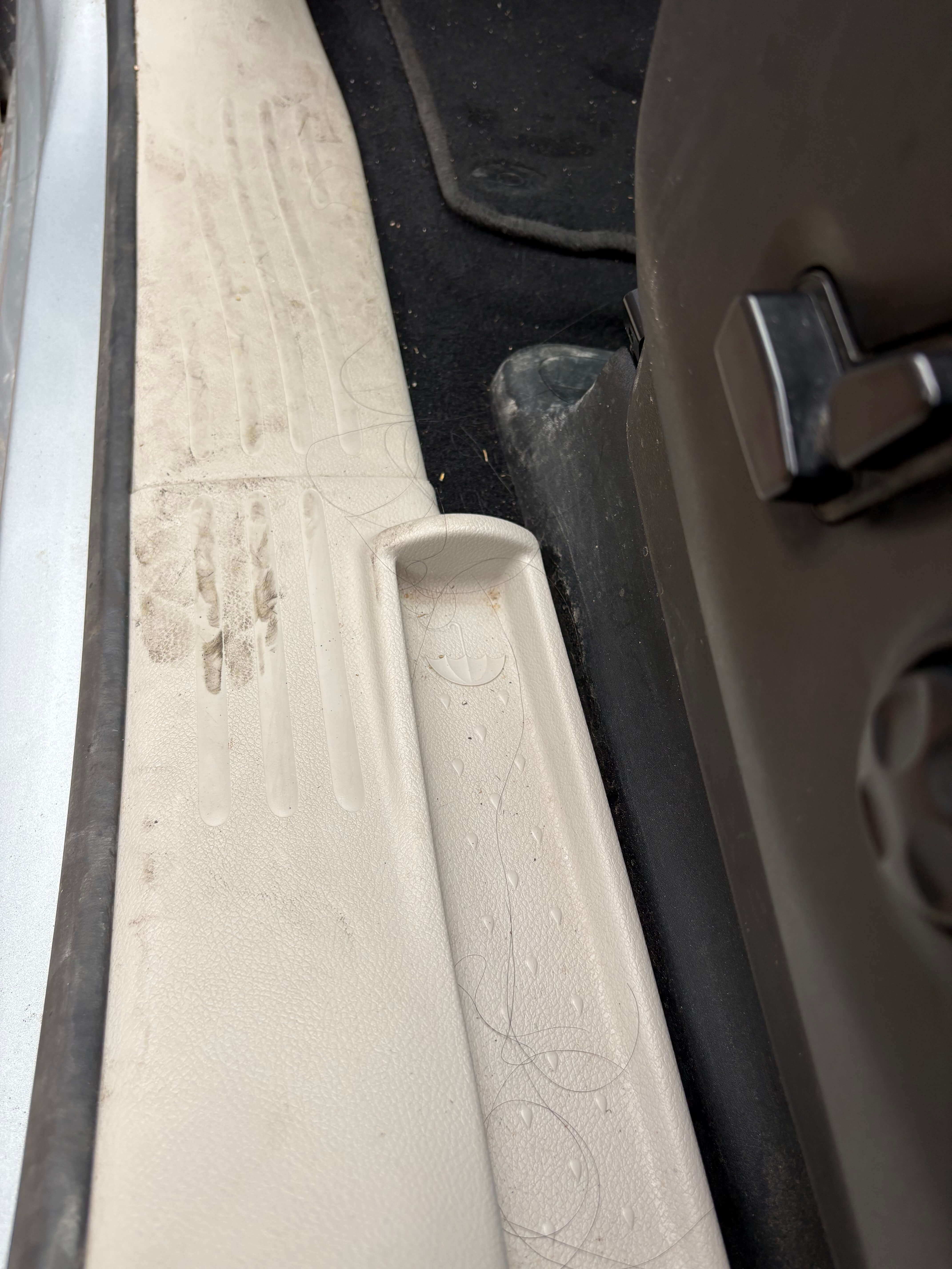 Dirty door jam showing dirt, water and hair.