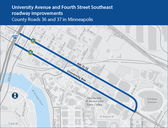 Map of the University and Fourth Street project area