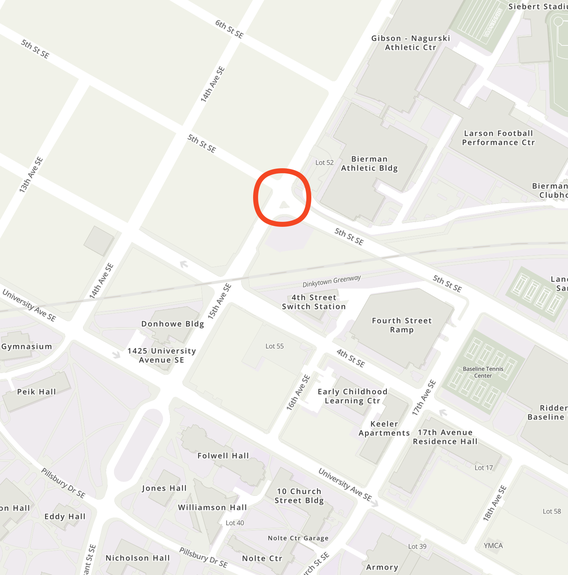 Map showing the location of 15th Avenue and 5th Street SE to be near the Bierman Athletic Building in Dinkytown